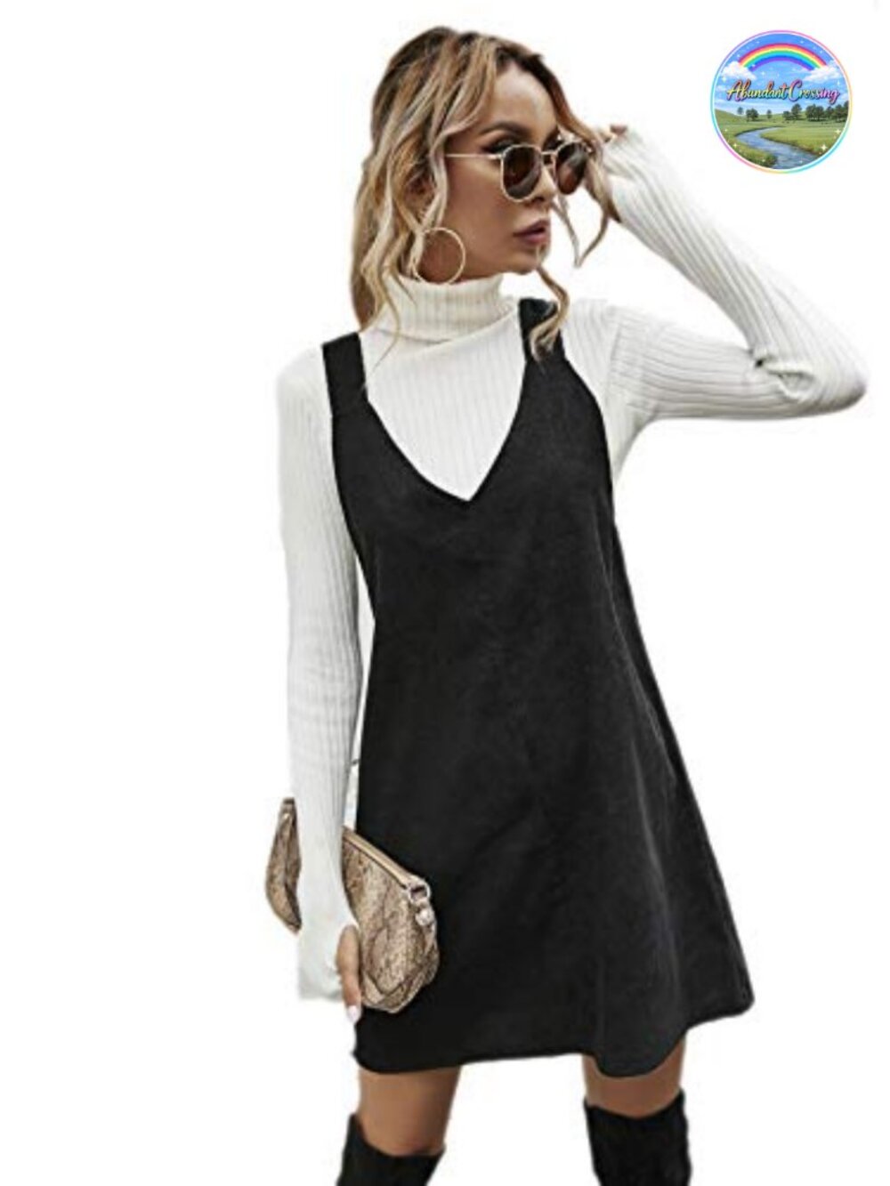 Floerns Women's Corduroy Pinafore Overall Dress V-Neck High Waist Mini